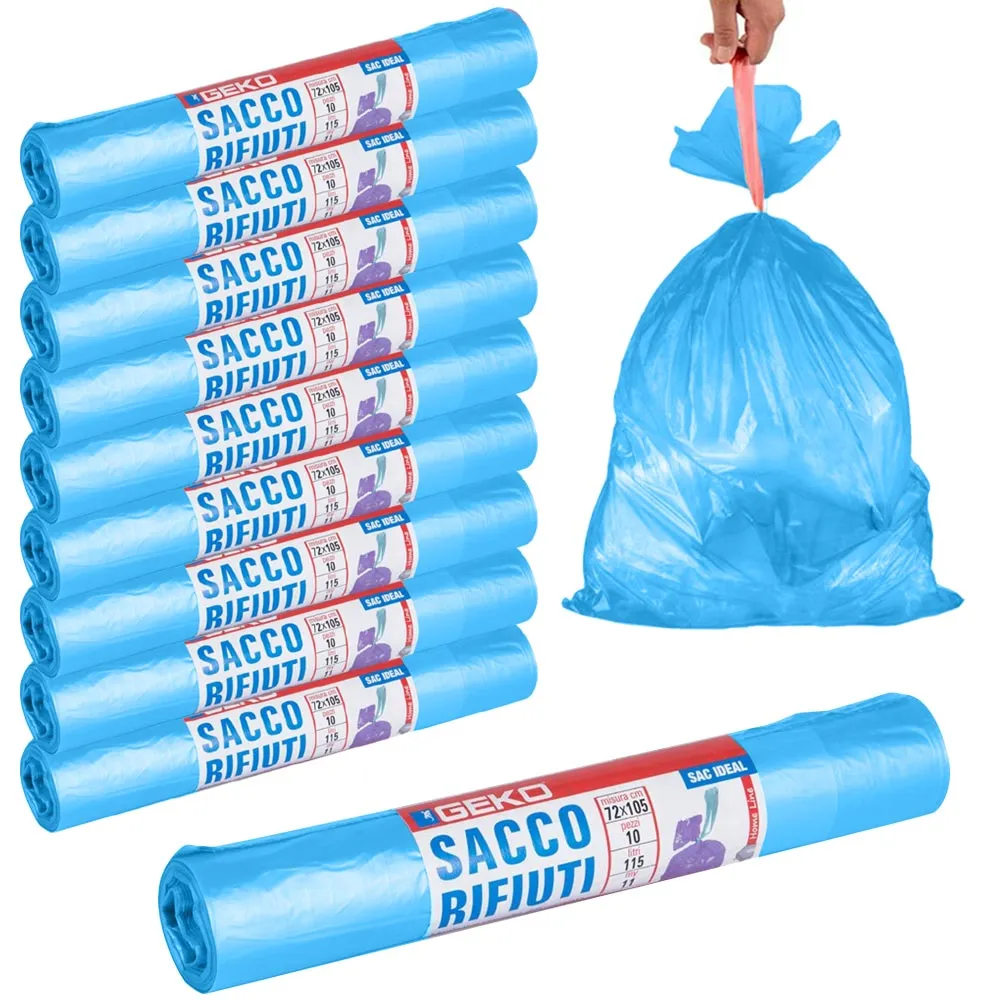 10x Rotoli Sacchetti Buste Spazzatura 115Lt 72x105 Chiusura Laccetto Blu 100pz