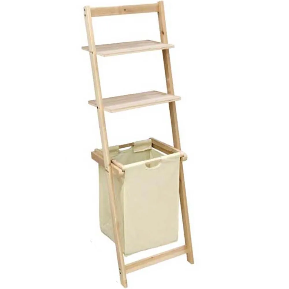 Mobile Scaffale Bagno 2 Ripiani 129cm con Cesto Portabiancheria Tessuto e Legno