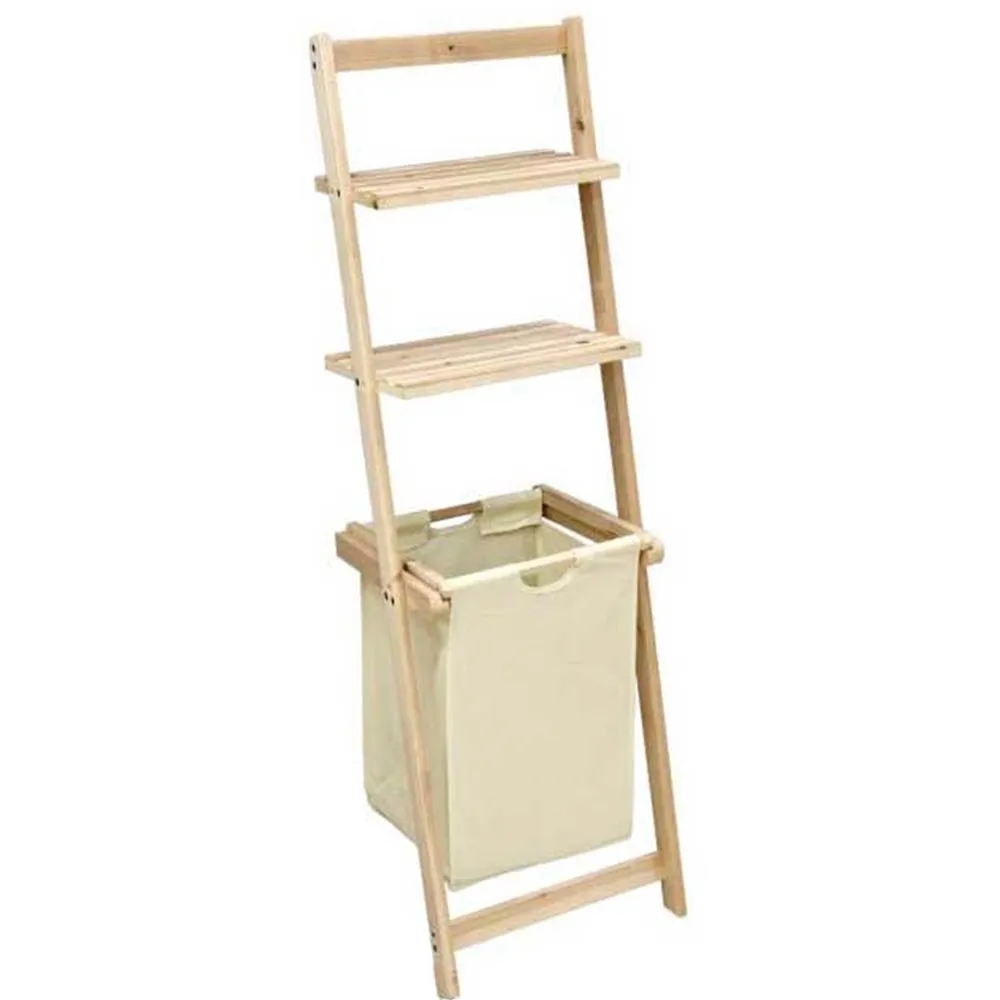 Mobile Scaffale Bagno 2 Ripiani 129cm con Cesto Portabiancheria Tessuto e Legno