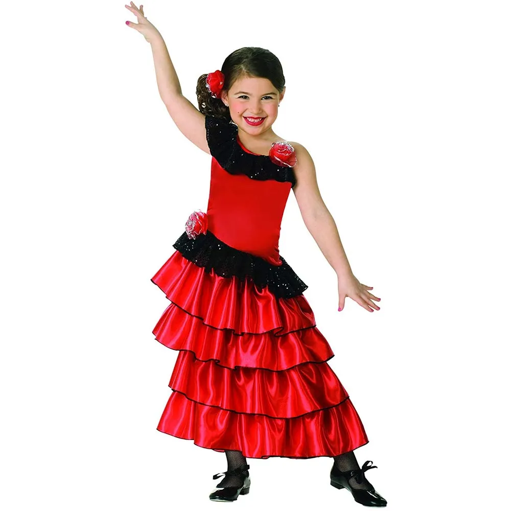 Costume Spagnola Taglia S Per Bambine Abito Gonna Flamenco Rosso Nero Carnevale