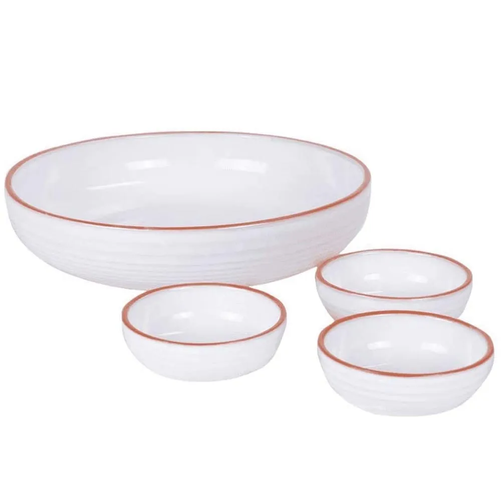 Set Insalatiera Pirofila + 3 Ciotole Salse Contorni Terracotta Bianca con Bordo