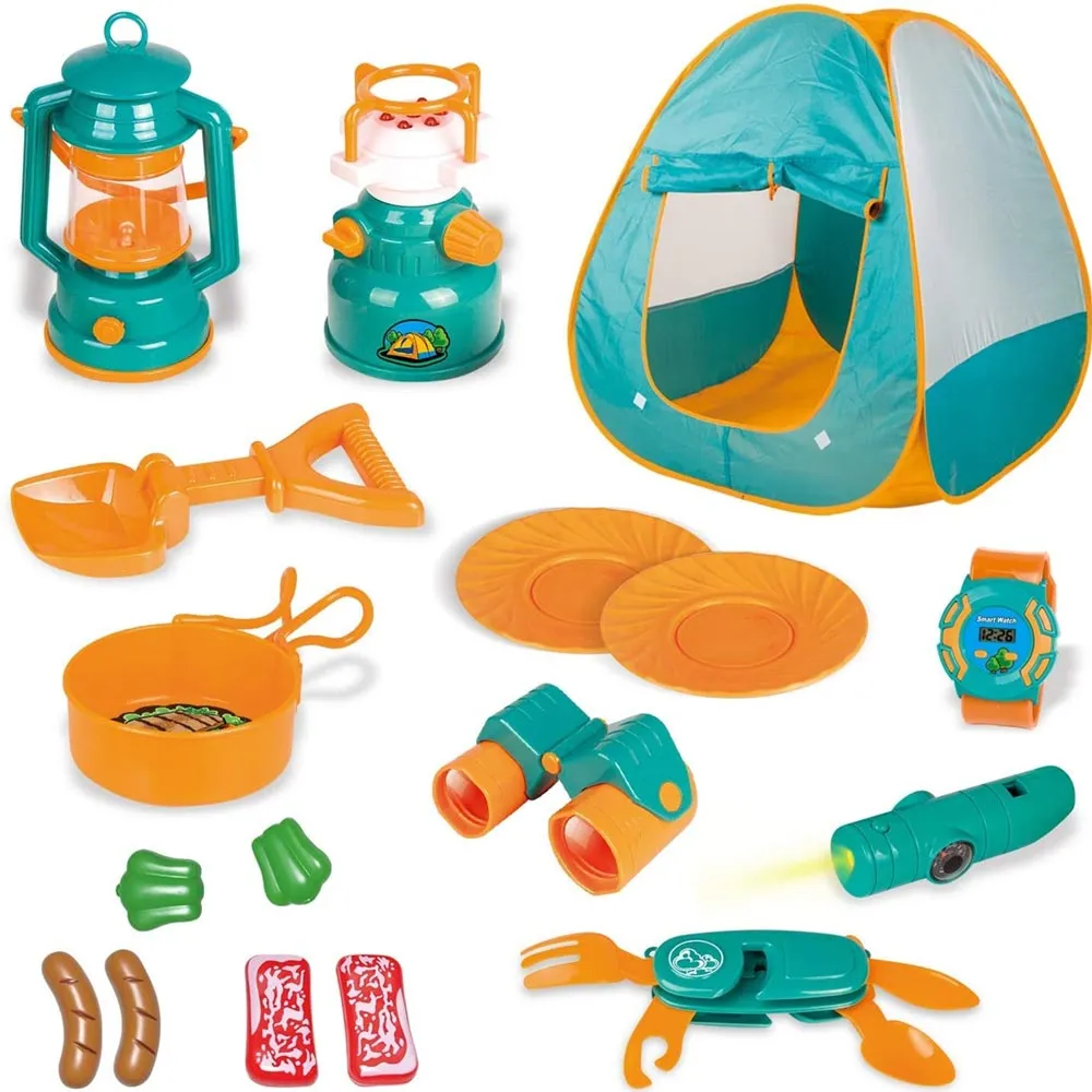 Playset Campeggio Tenda Po-up Gioco Fornellino Lanterna Luci Suoni e Accessori