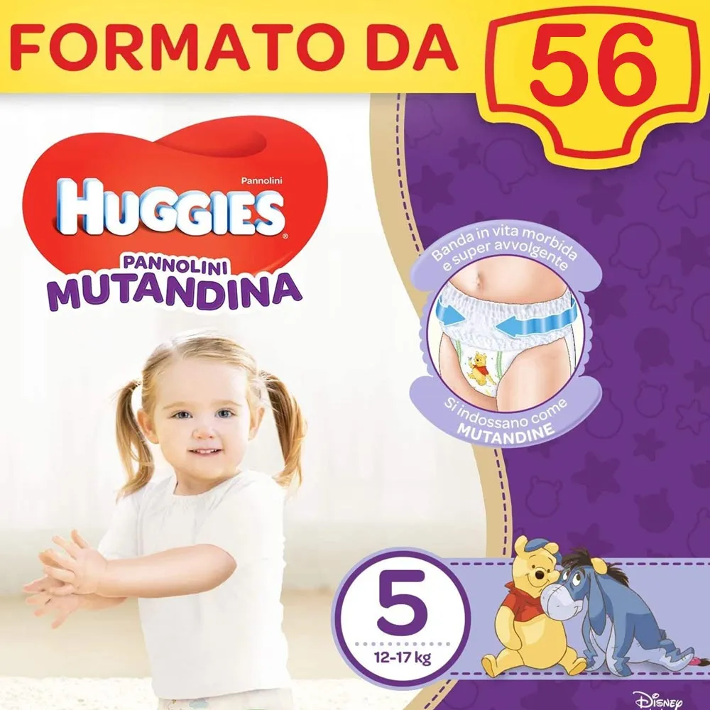 4x Huggies Pannolino Mutandina Quinta Misura 12-17Kg Promo pack 56 Pannolini