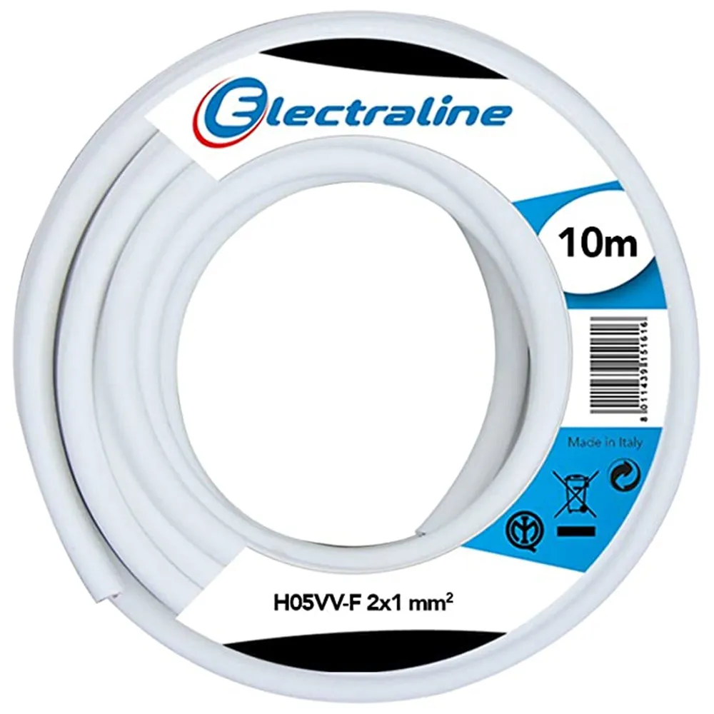 Cavo Elettrico Prolunga 10mt 2x1 mm H05VV-F Matassa Filo Elettrico Bianco