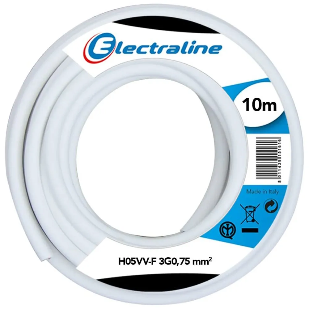 Cavo Elettrico Prolunga 10mt 3G0,75 mm H05VV-F Matassa Filo Elettrico Bianco