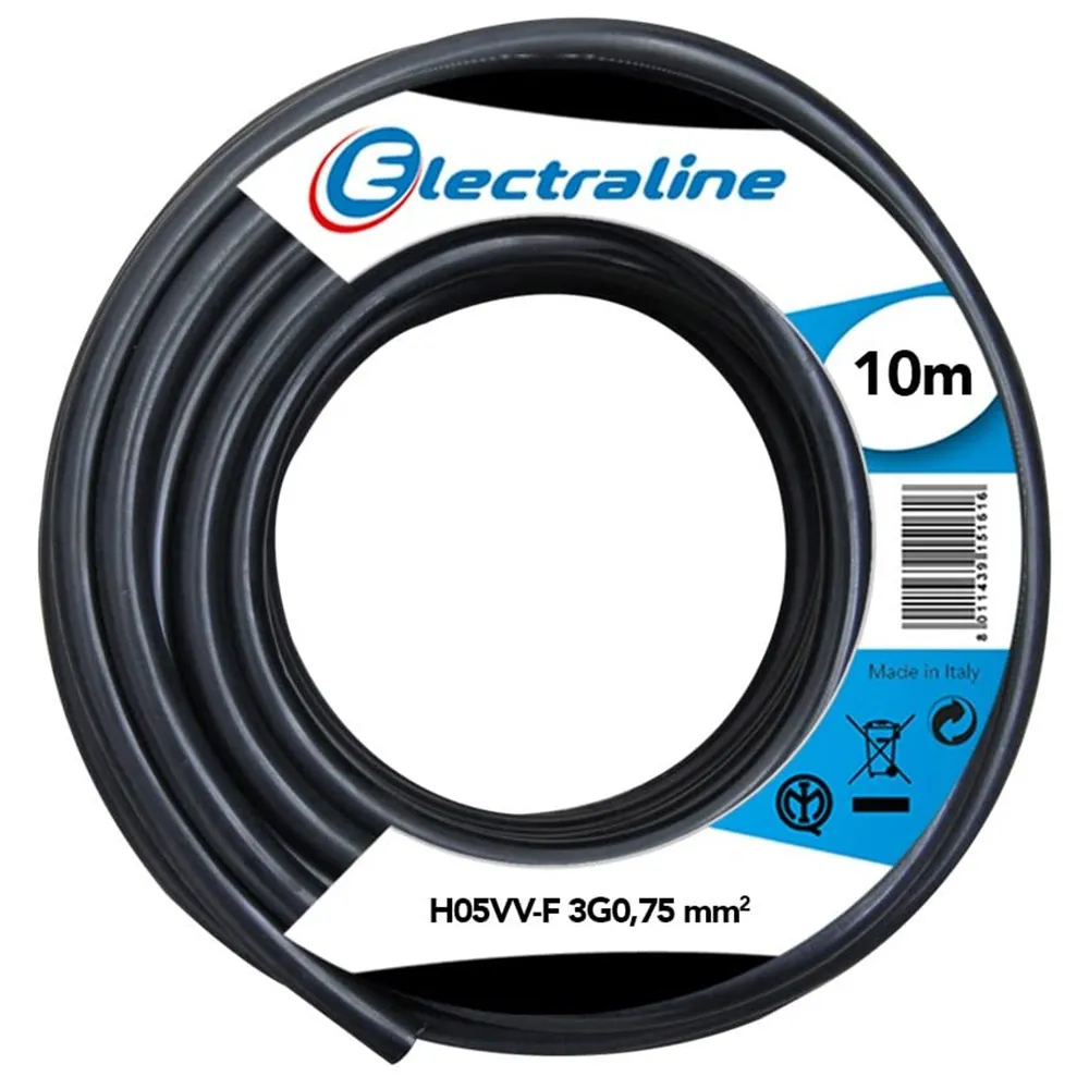 Cavo Elettrico Prolunga 10mt 3G0,75 mm H05VV-F Matassa Filo Elettrico Nero