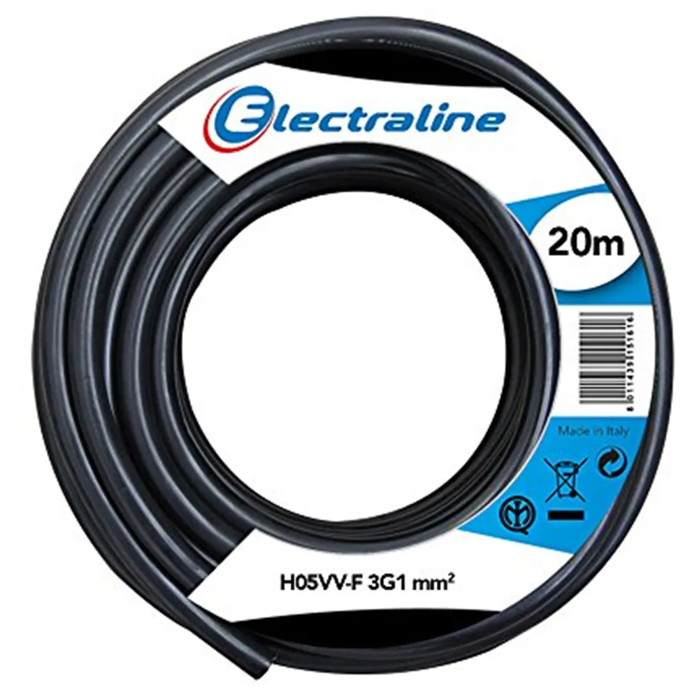 Cavo Elettrico Prolunga 20mt 3G1 mm H05VV-F Matassa Filo Elettrico Nero