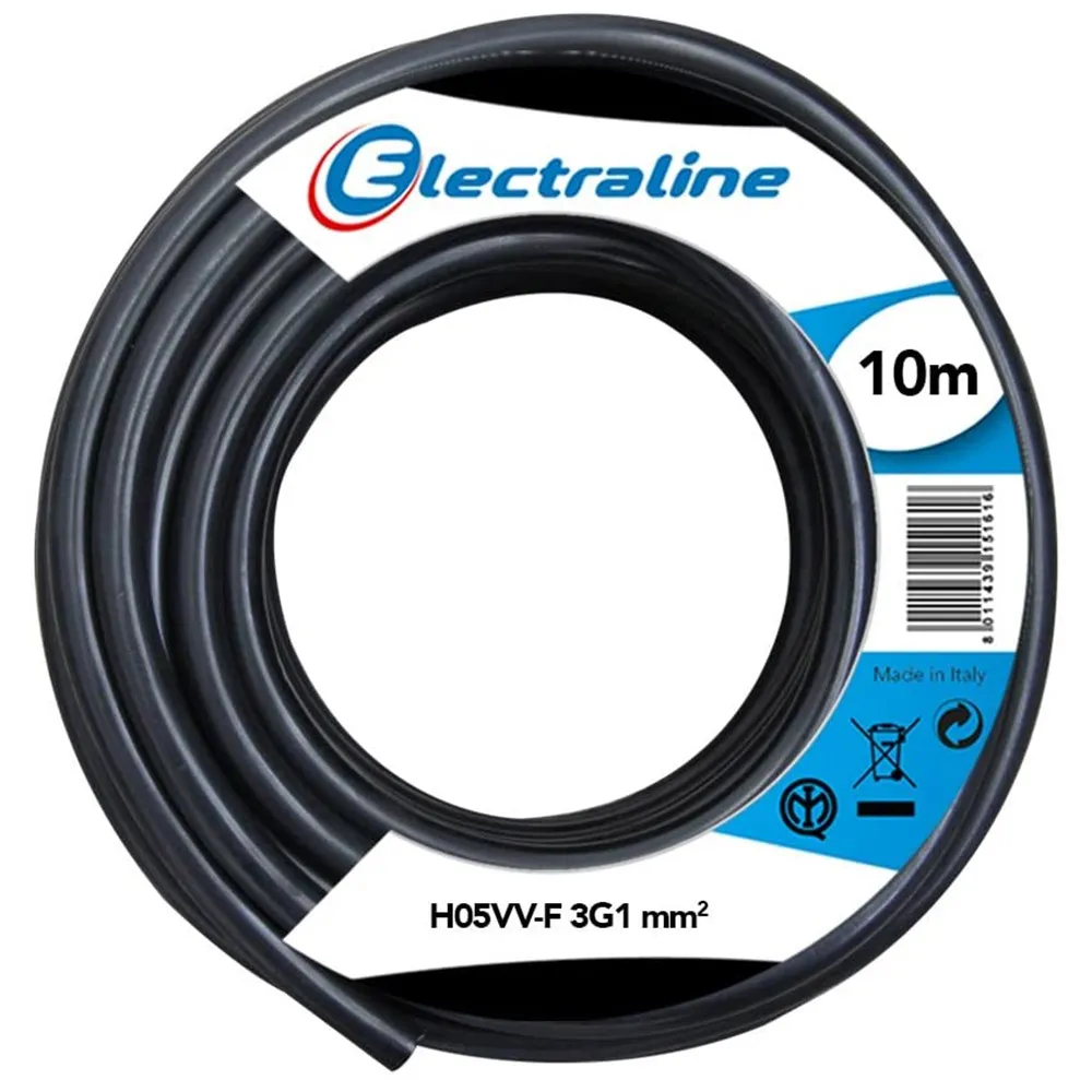 Cavo Elettrico Prolunga 10mt 3G1 mm H05VV-F Matassa Filo Elettrico Nero