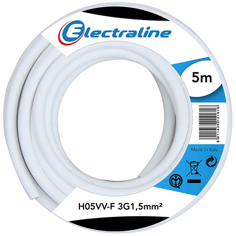 Cavo Elettrico Prolunga 5mt 3G1.5 mm H05VV-F Matassa Filo Elettrico Bianco