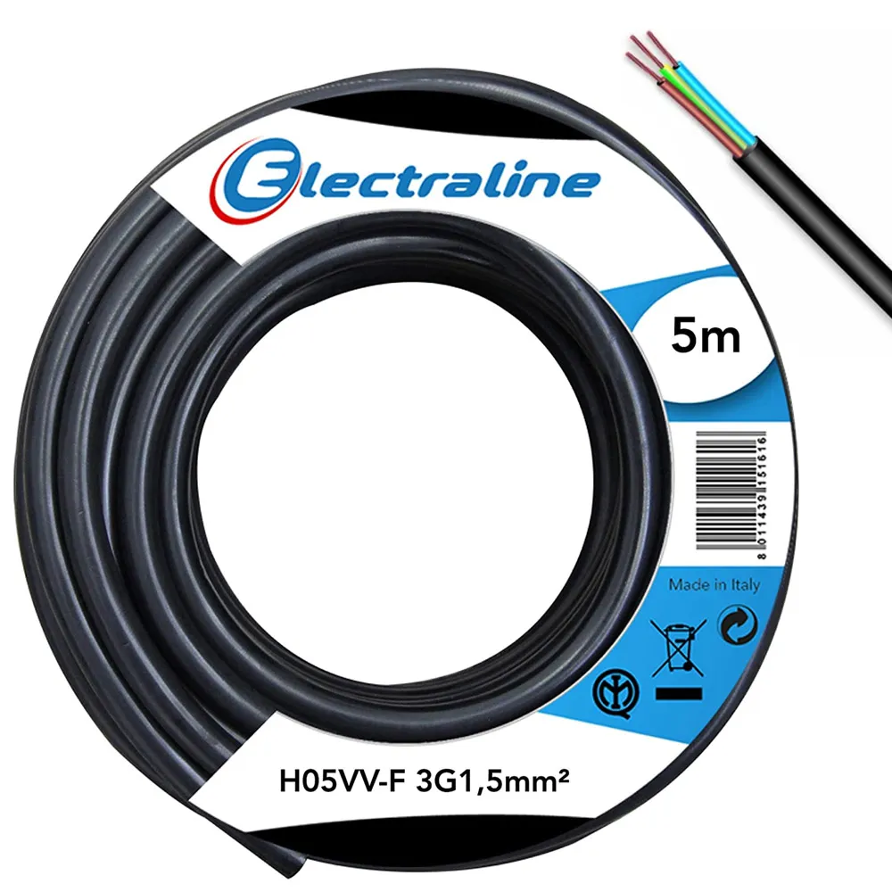 Cavo Elettrico Prolunga 5mt 3G1.5 mm H05VV-F Matassa Filo Elettrico Nero