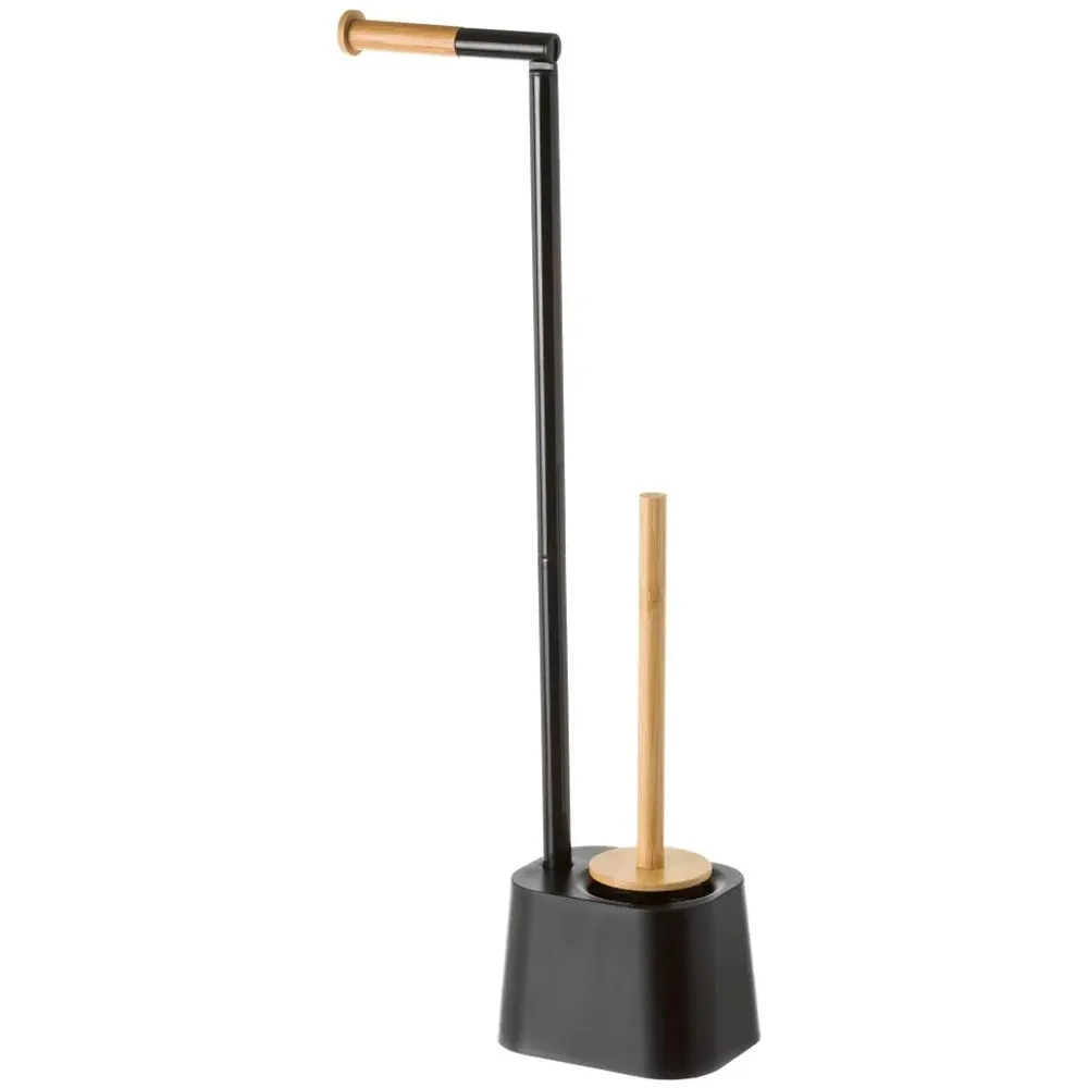 Portarotolo Con Porta Scopino In Metallo e Legno con Base in Plastica Nero 65cm