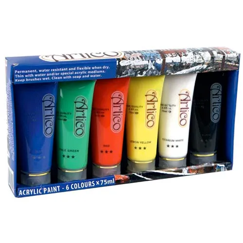 PITTURA ACRILICA CONFEZIONE 6 PEZZI ACQUERELLI VARI COLORI TUBO 75 ML ARTICO