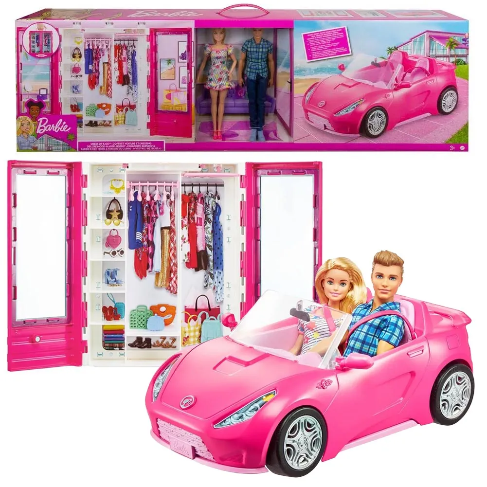 Macchina Auto Cabrio + Armadio dei Sogni con 2 Bambole Barbie Ken e Vestiti