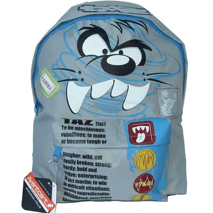 Zaino Scuola Americano in Tessuto con Chiusura a Zip Looney Toons Tazmania