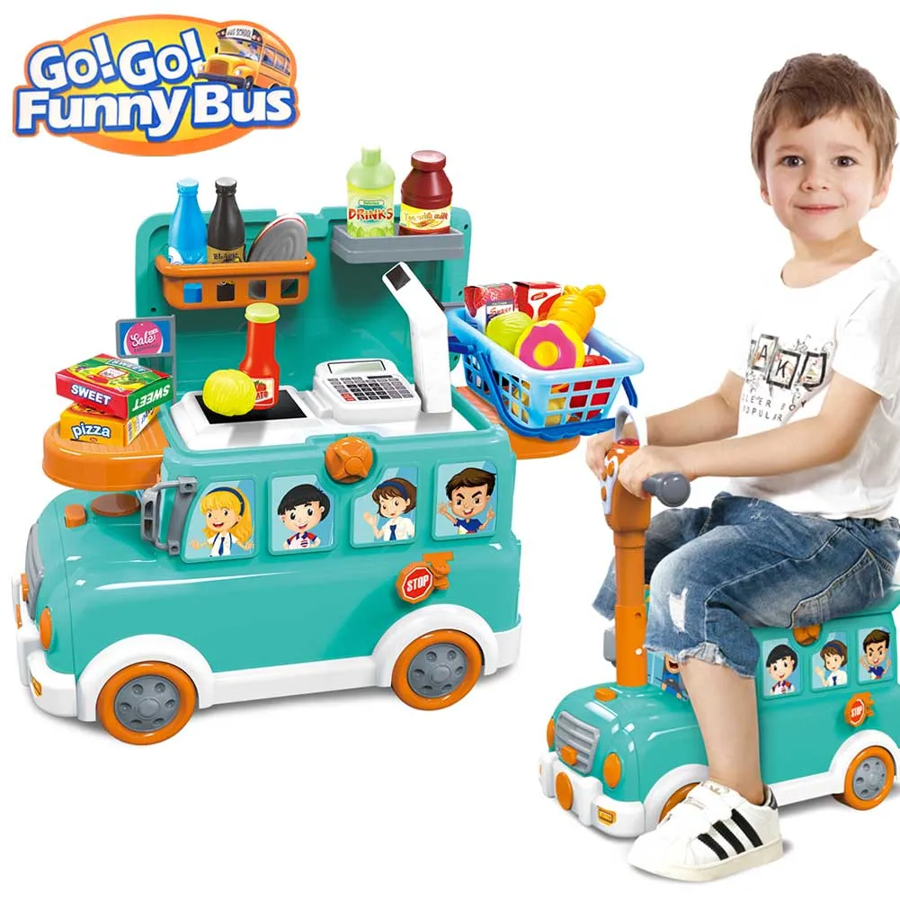 Cavalcabile Trolley Schoolbus Supermercato Giocattolo Bambini 3in1 Luci Suoni