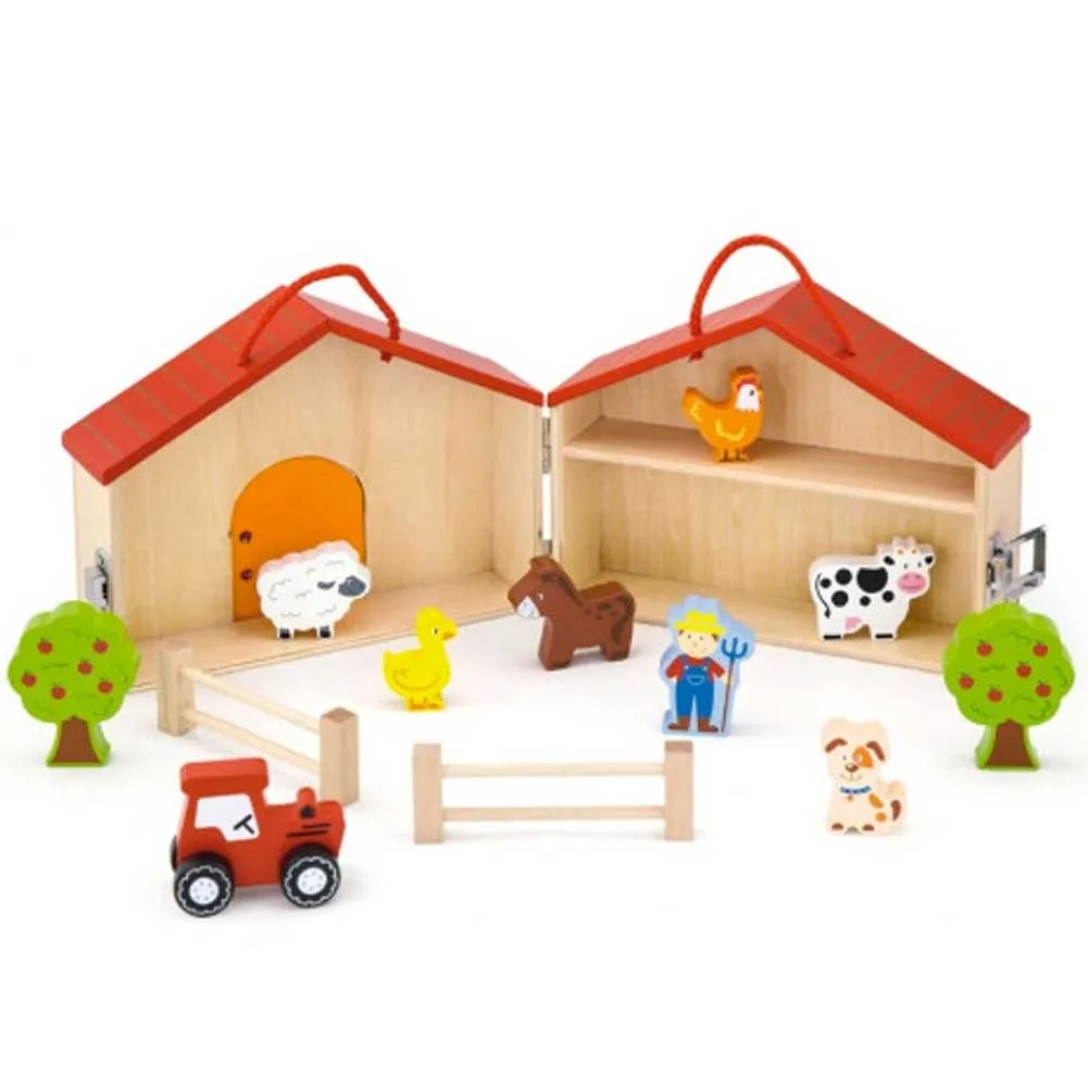 Valigetta Playset Animali Fattoria in Legno con Personaggi e Accessori Gioco