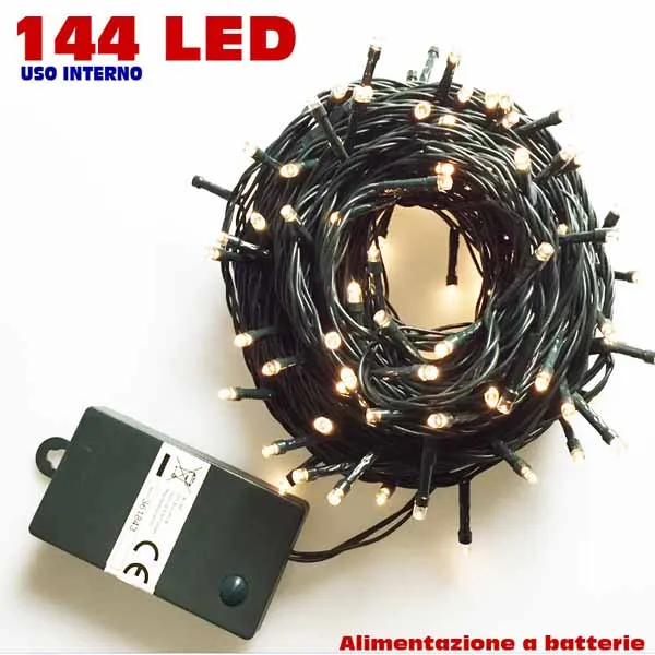 Catena Luminosa 15,5 mt Luci 144 LED Bianco Caldo a batteria con 6 Giochi Luce