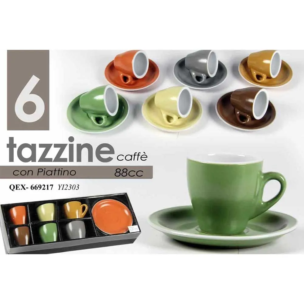 Servizio Set 6 Tazzine da Caffe Tazzina in Ceramica con Piattino Multicolor 88ml