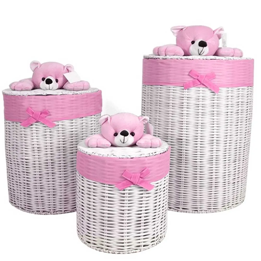 3x Ceste Biancheria Peluche Orsetto Cesto Portabiancheria Porta Giochi Rosa