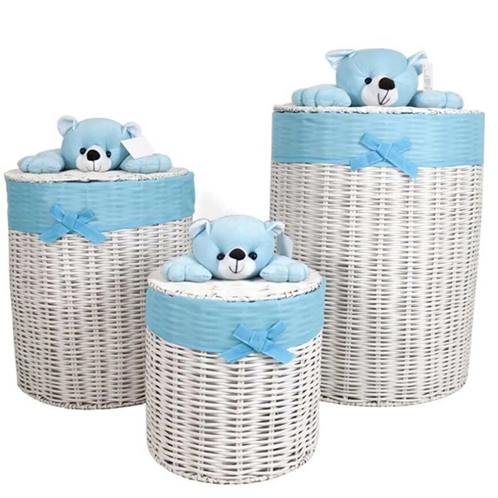 3x Ceste Biancheria Peluche Orsetto Cesto Portabiancheria Porta Giochi Azzurro