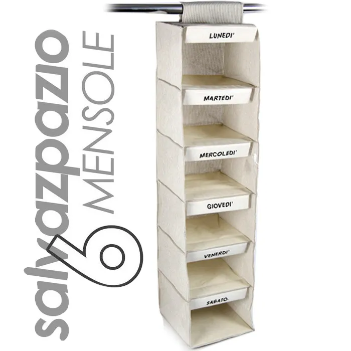 ORGANIZER PER ARMADIO IN TESSUTO GIORNI SETTIMANA 6 MENSOLE 120X30X30CM PANNA