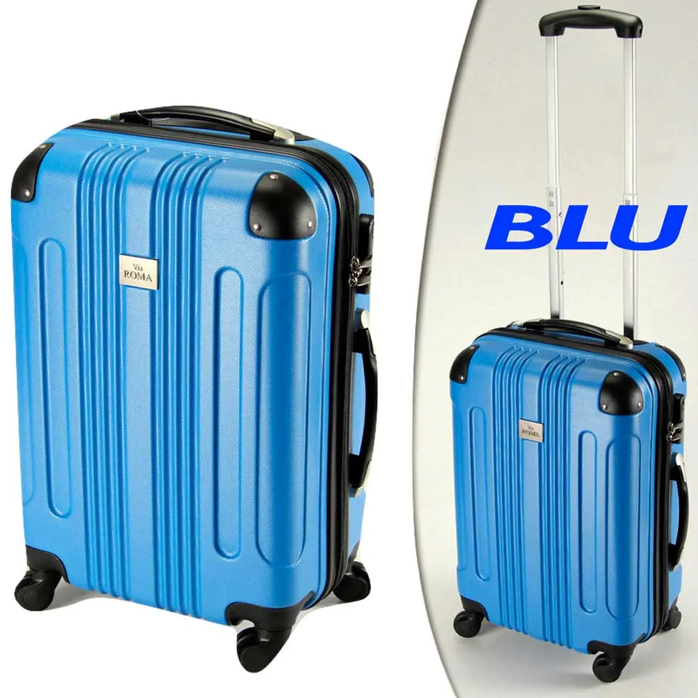 VALIGIA TROLLEY RIGIDO BAGAGLIO A MANO BLU 4 RUOTE ANTIGRAFFIO 55 X 34 X 23-27CM