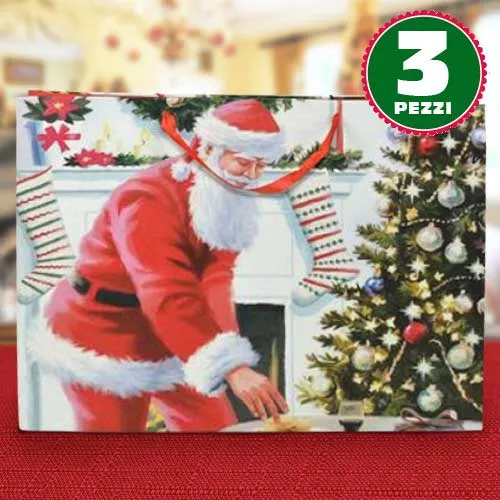 3 Buste Da Regalo Stampa Babbo Natale Classico Con Manici Rossi 40x20x55cm