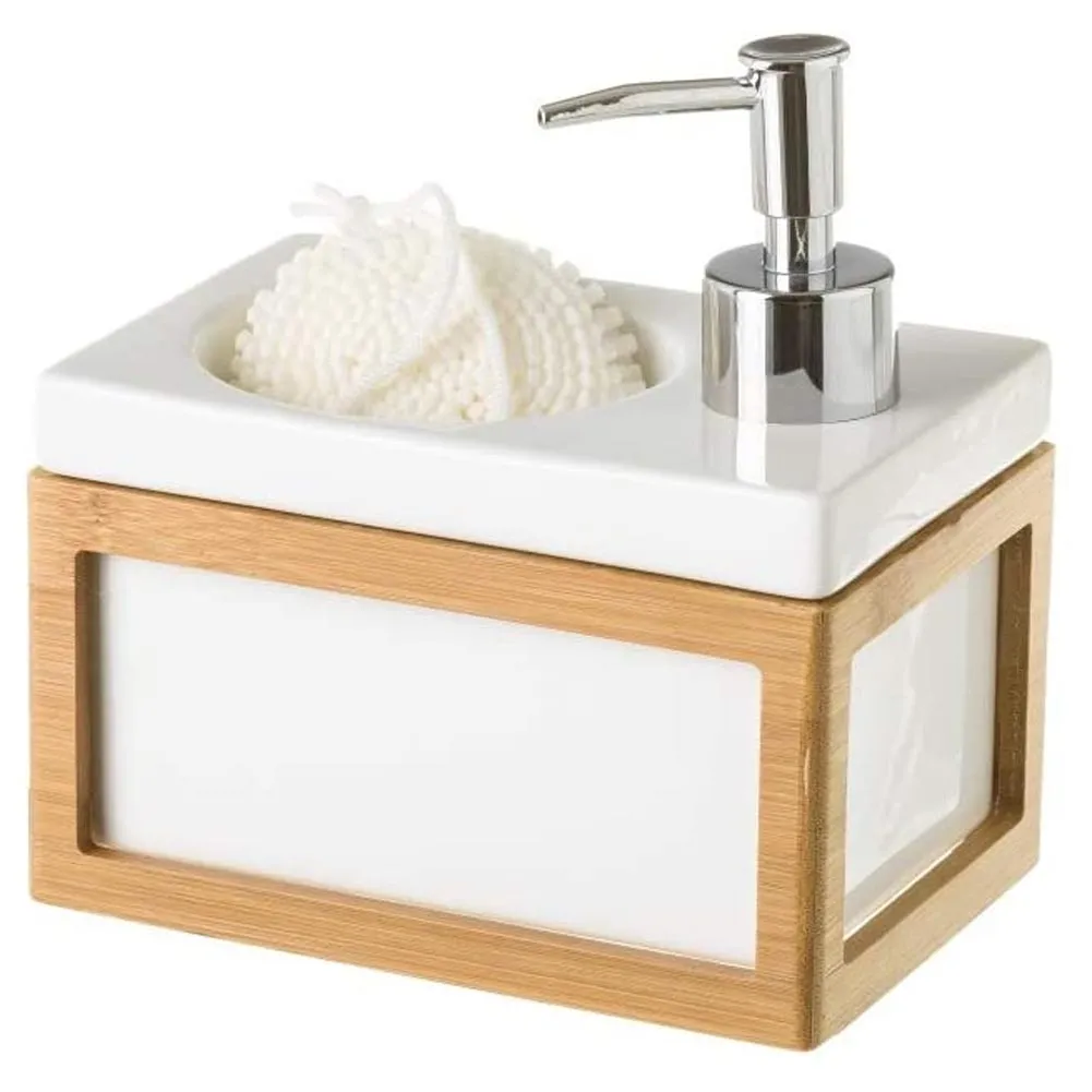 Dispenser Porta Sapone Liquido con Portaspugna e Spugna Ceramica e Legno Bamboo