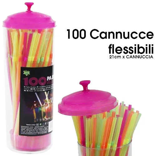 Confezione 100 Pezzi Cannucce Flessibili Neon Color Full in Barattolo