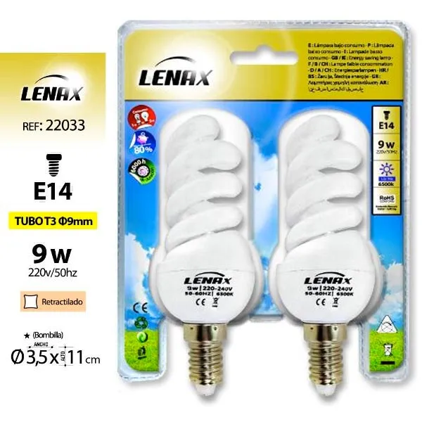 Set 2 Pezzi Lampadine Risparmio Energetico Spirale 9W E14 Bianco Fredda Lenax