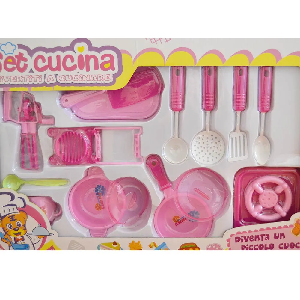 Set Cucina 15pz Giocattolo Per Bambine Stoviglie Fornello Accessori Per Cucinare