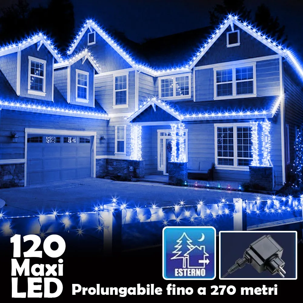 Catena Luminosa Natalizia 120 Led Luce Blu con Flash 9mt Esterno Prolungabile