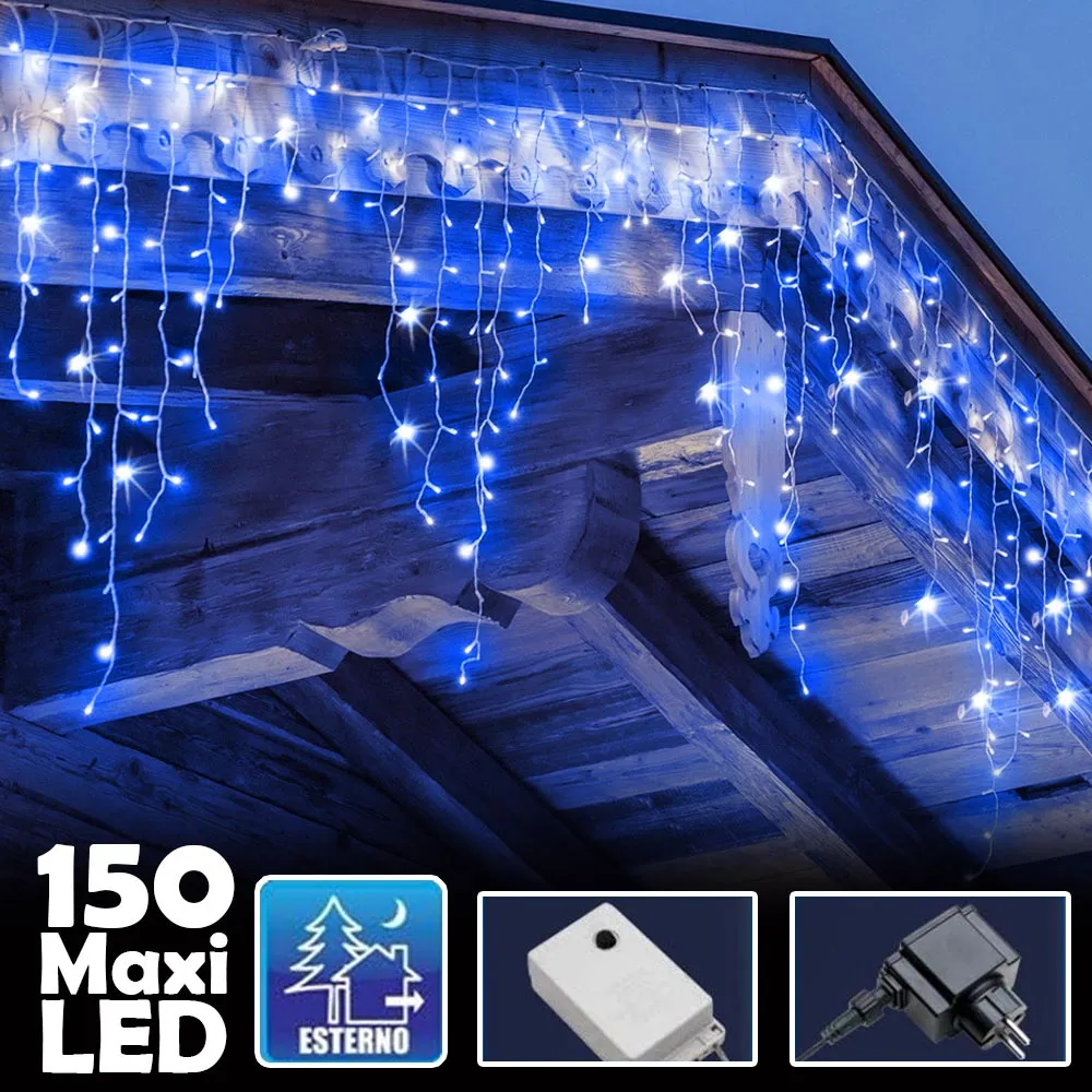 Tenda Luminosa Natalizia 150 LED con Flash Luce Blu 3mt Esterno Prolungabile