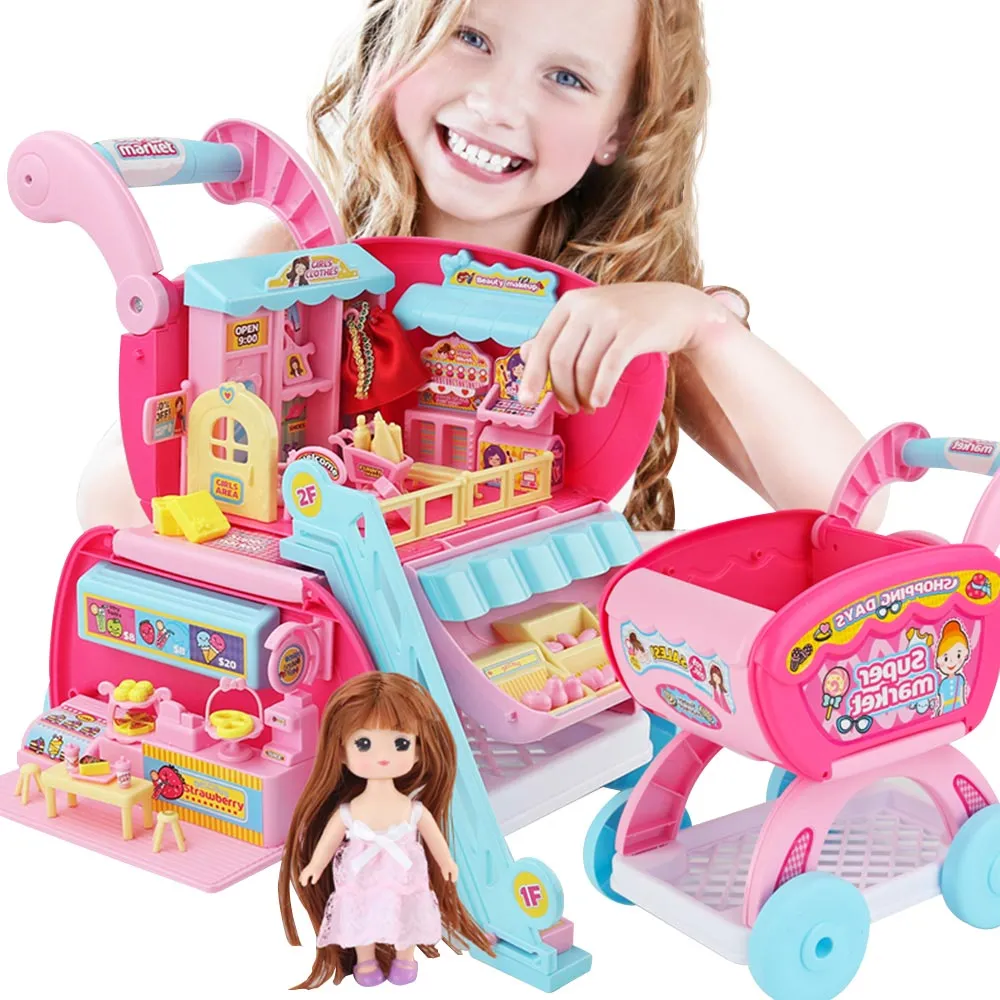 Carrello Spesa Playset Super Mercato Giocattolo Bambini con Bambola e Accessori