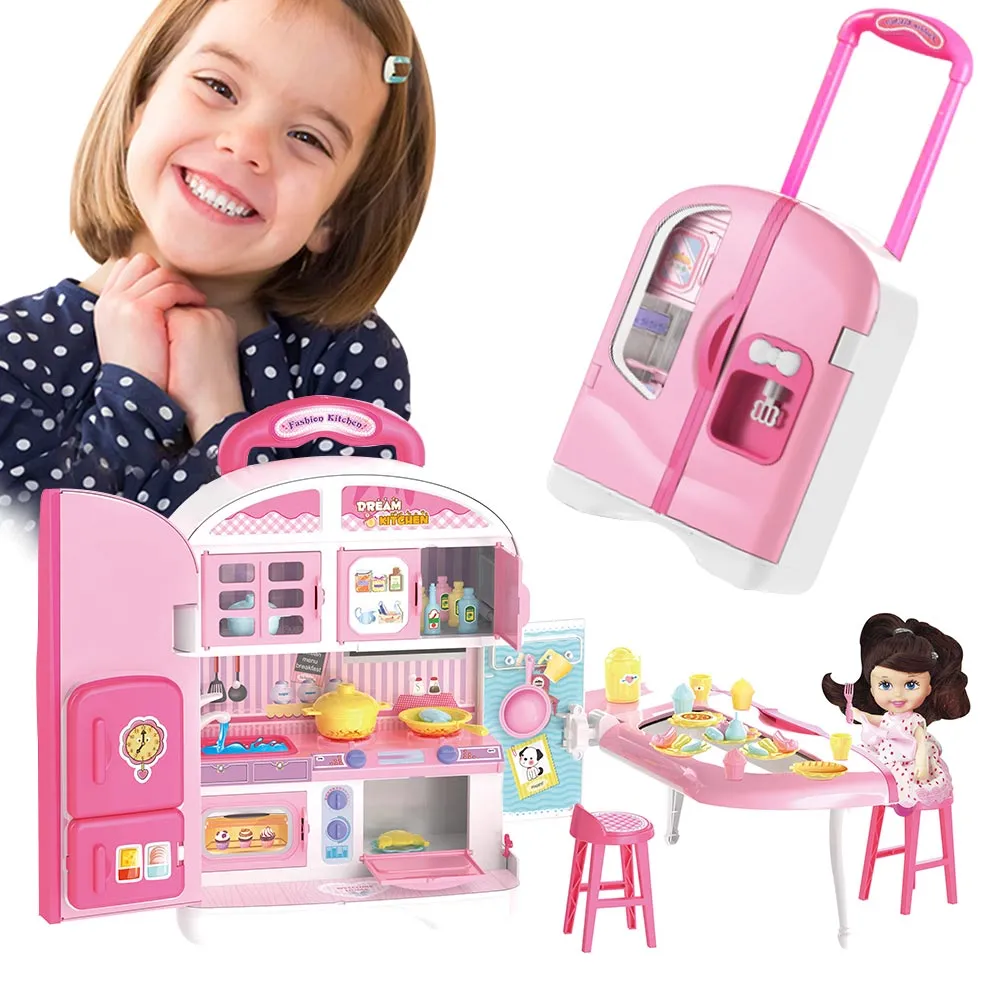 Trolley Valigetta Playset Cucina Giocattolo Bambini con Bambola Accessori Gioco