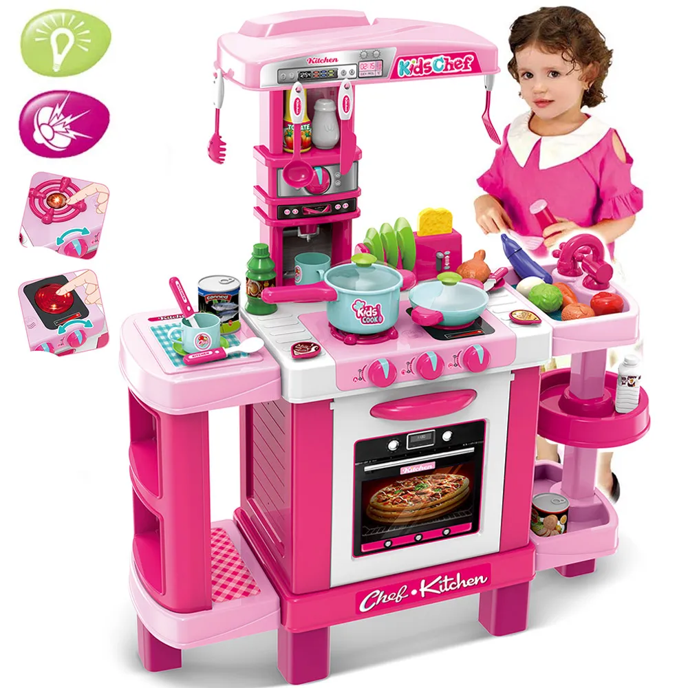 Cucina Giocattolo Bambini con Luci e Suoni 34 Accessori Gioco 87x78x29cm Rosa