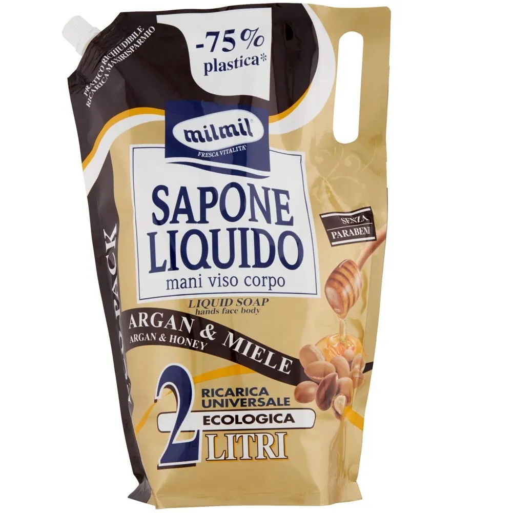 Mil Mil Sapone Liquido Mani Viso Corpo Argan e Miele Ricarica Ecologica 2 litri