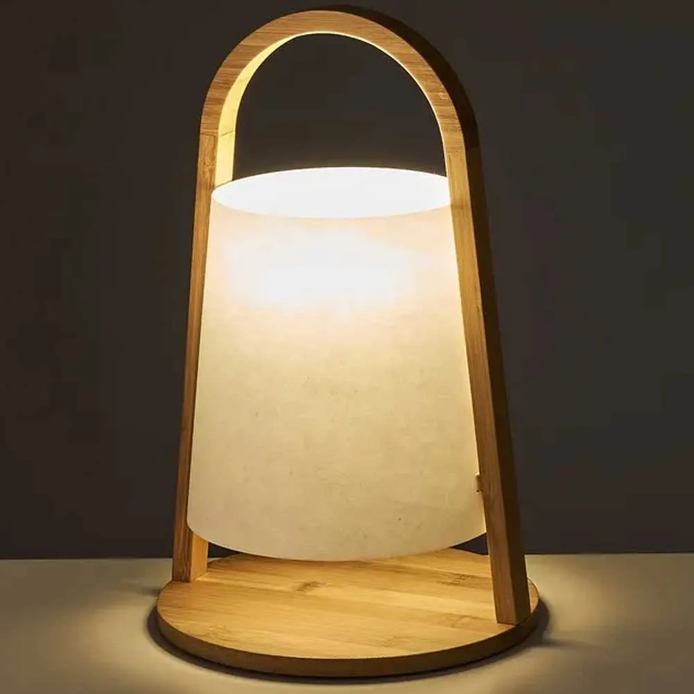 Lampada da Tavolo Lume da Comodino in Legno Bamboo e Fibra Carta Bianco Abatjour