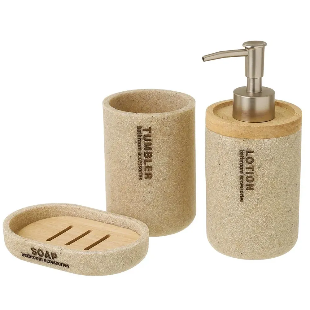 Set Bagno 3pz Con Dispenser Sapone Bicchiere Portaspazzolini Poliresina e Legno