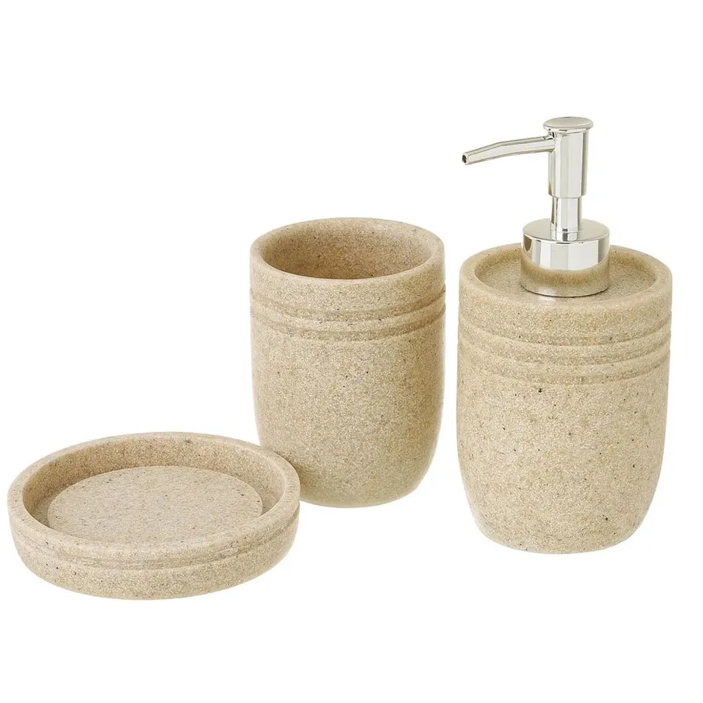 Set Bagno 3pz Con Dispenser Sapone Bicchiere Portaspazzolini Poliresina Stone