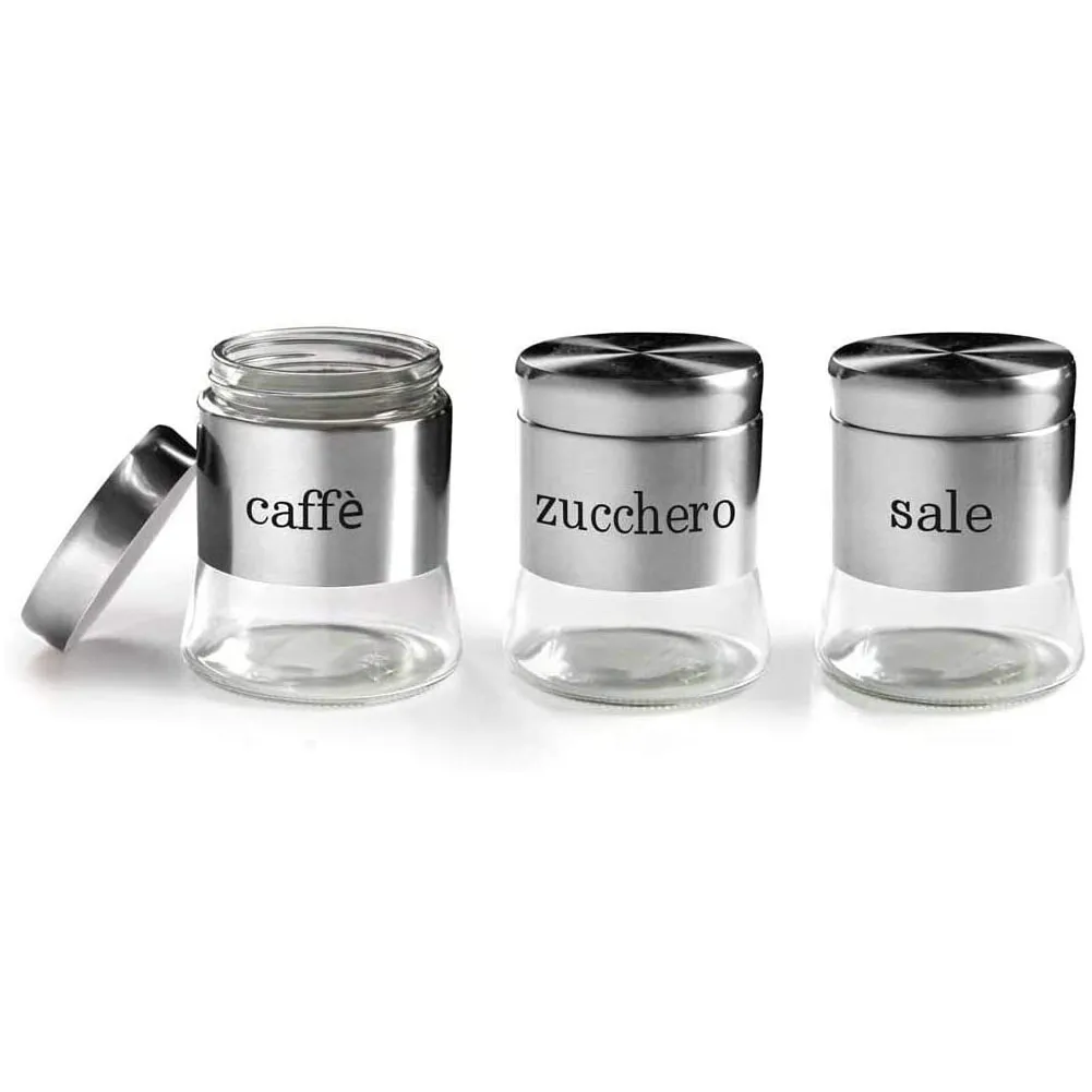 Set 3 Barattoli Porta Caffe Zucchero Sale Metallo Acciaio 750ml Accessori Cucina