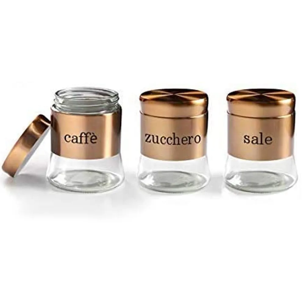 Set 3 Barattoli Porta Caffe Zucchero Sale Metallo Acciaio 750ml Cucina Rame