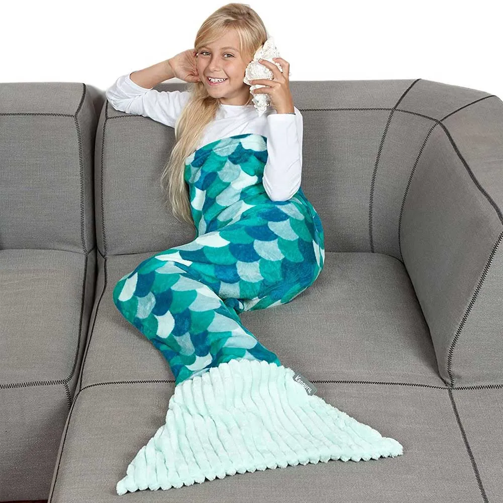 Coperta Plaid Coda Sirena Kanguru Pile Blu Sacco a Pelo 135cm Bambini Tg Unica