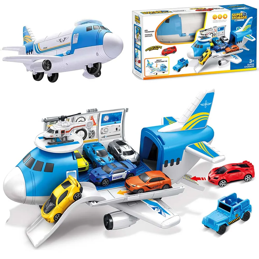 Playset Aereo Garage Giocattolo Bambini Aeroplano Apribile con 2 Macchinine