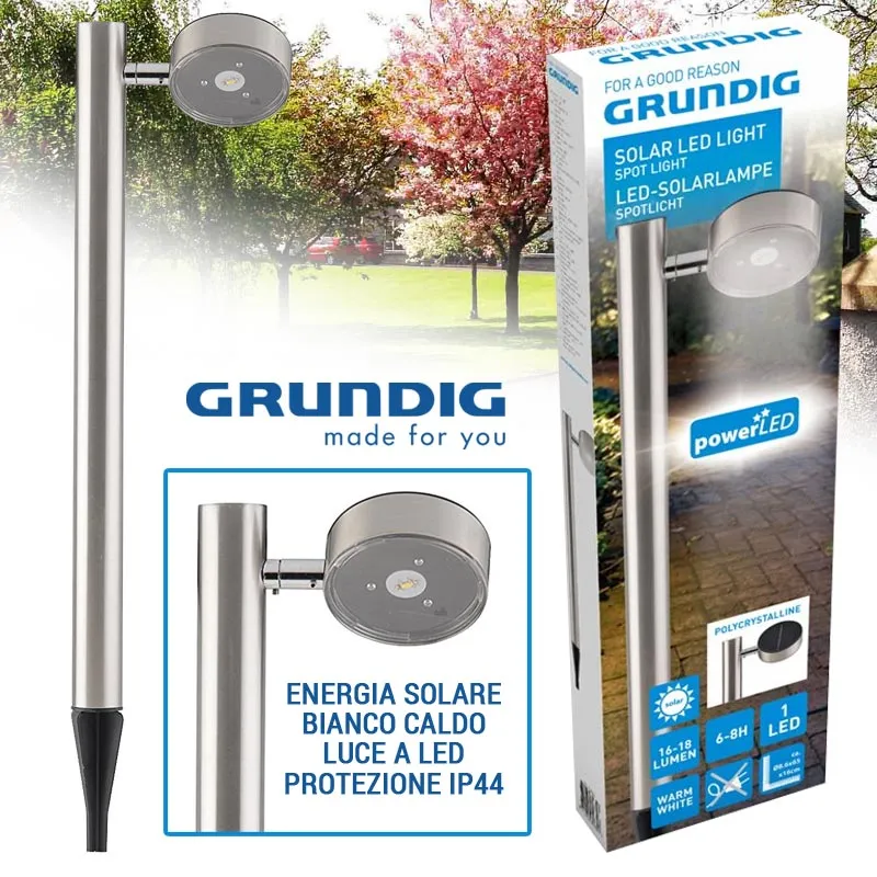 Lampada a 1 LED Energia Solare Acciaio Cromo 65 cm Paletto Luce Giardino Grundig