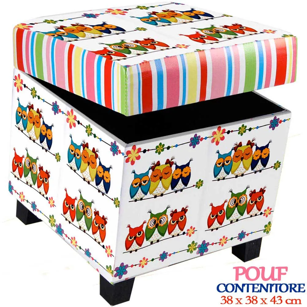 Pouf Contenitore Imbottito con Gufetti Ecopelle Poggiapiedi 38 x 38 x 43 cm