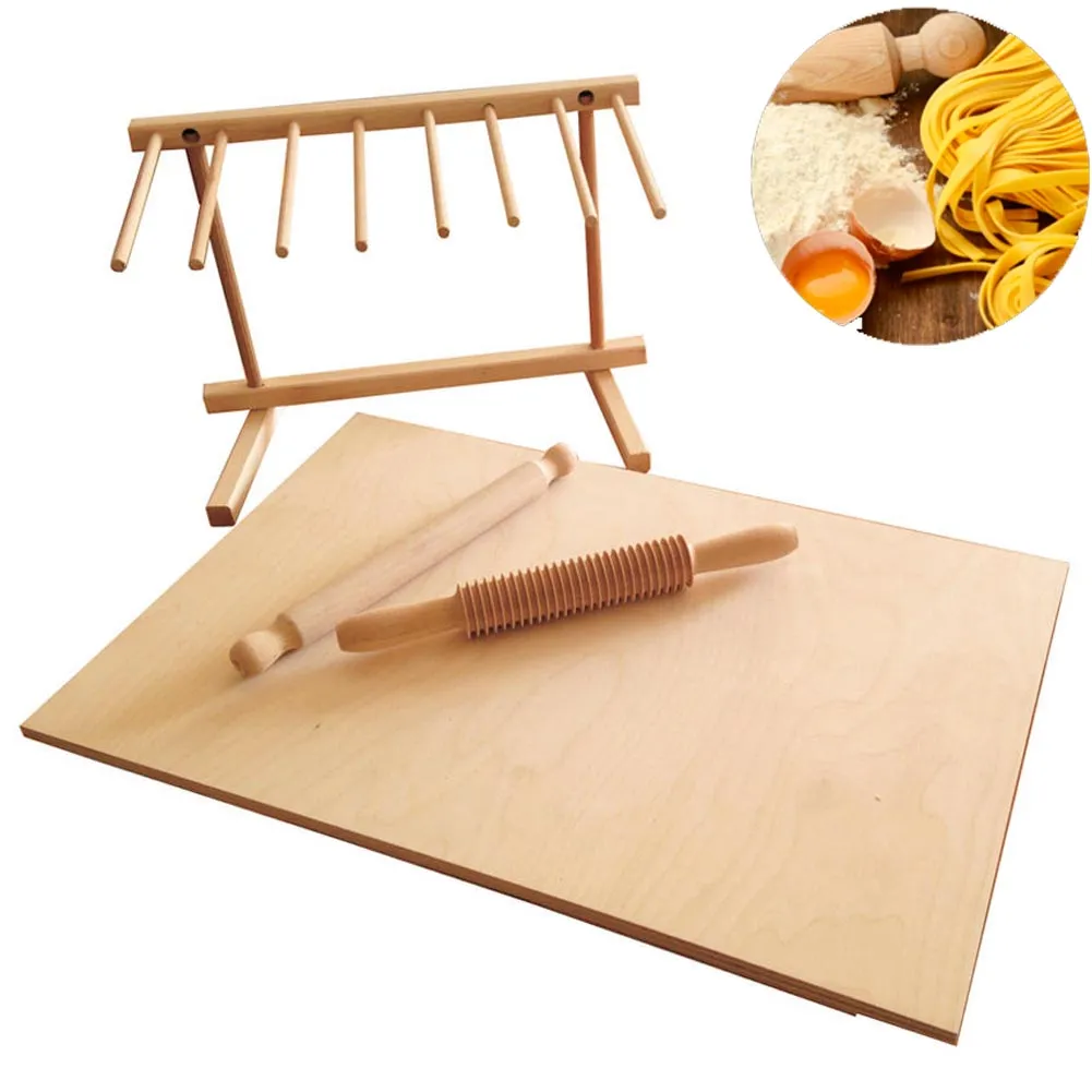 Kit Stendi Pasta Fresca Essiccatore Legno Chiaro Con Spianatoia e 2 Mattarelli