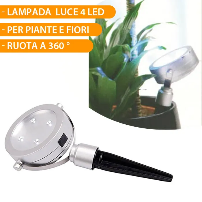 Faretto Luce 4 Led per Piante Fiori Ruota 360° 10x20x4 e Interruttore Giardino