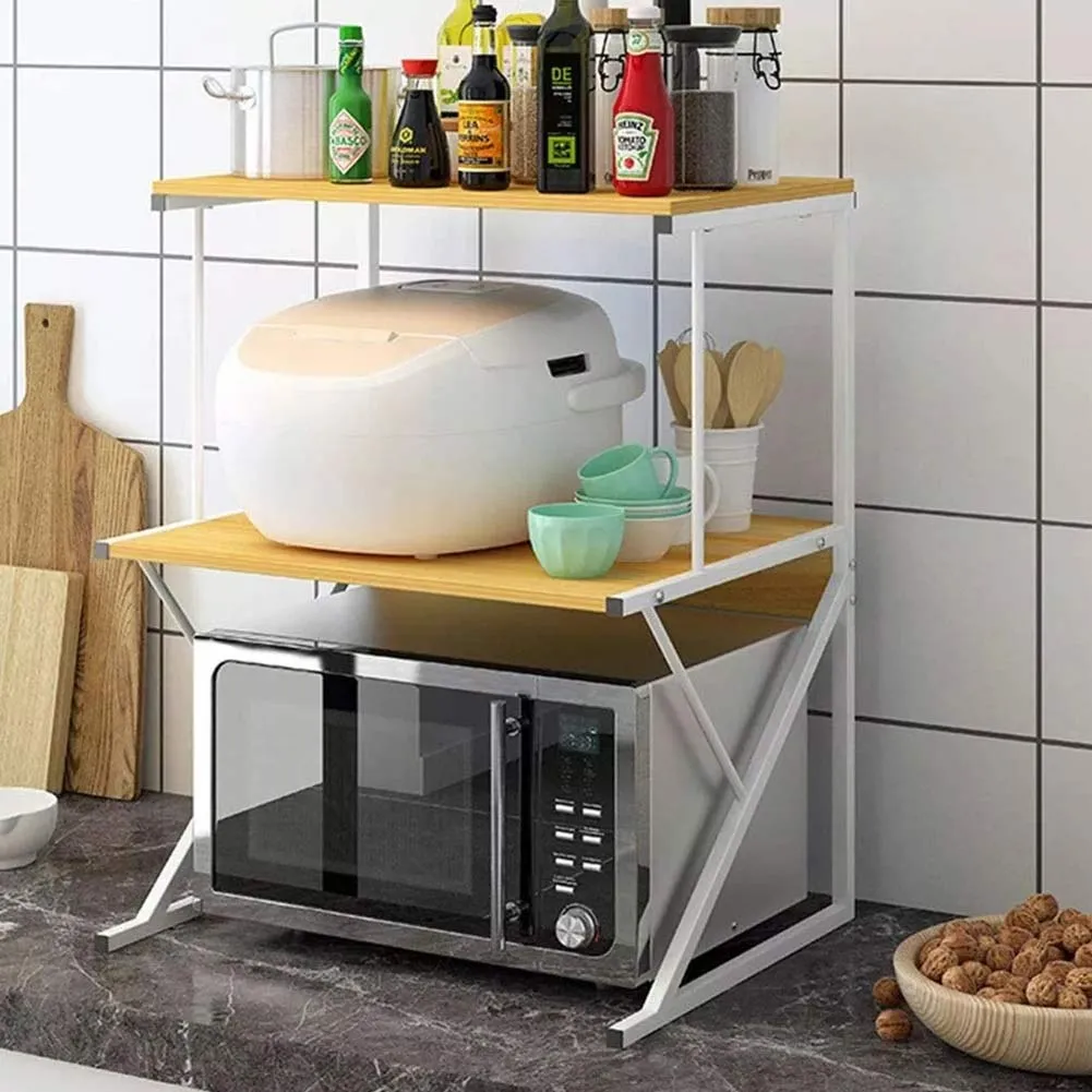 Scaffale Mensole Cucina Mobiletto Porta Microonde 2 Ripiani Metallo Legno Beige