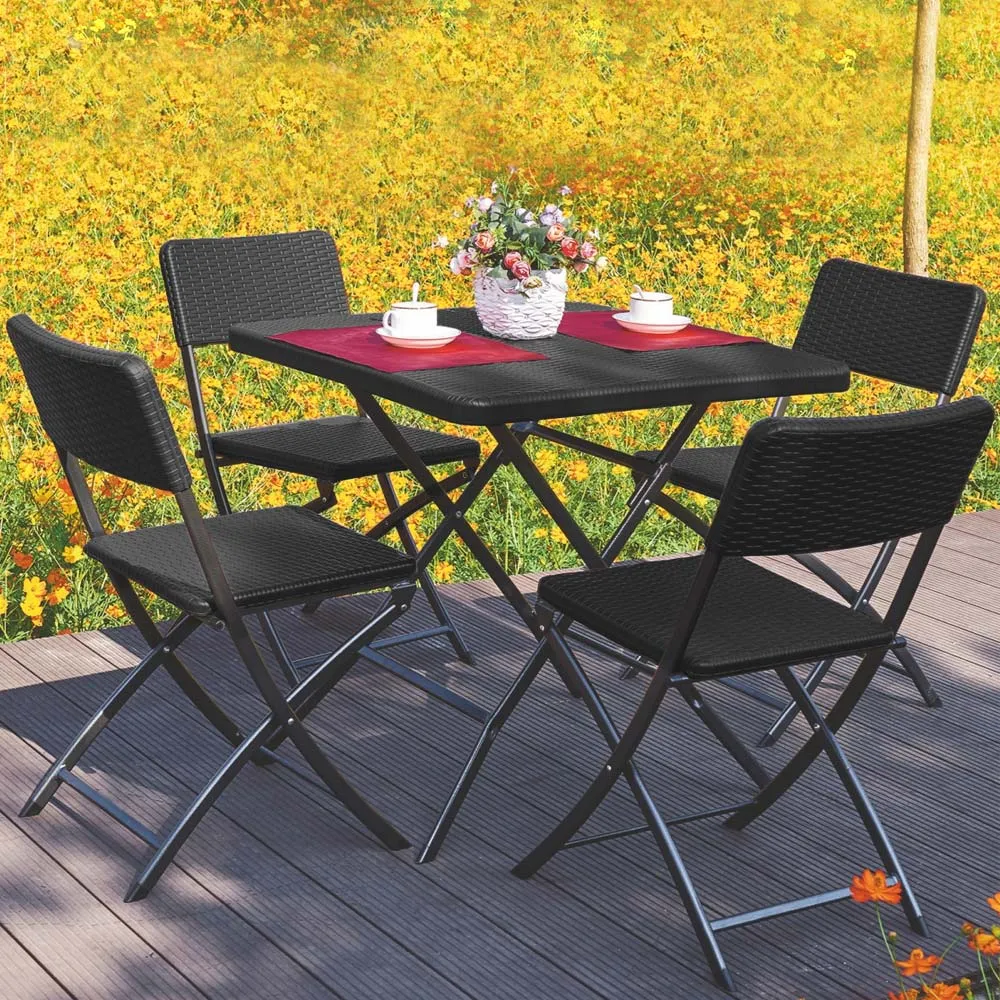 Set Tavolo + 4 Sedie Pieghevole Arredo Esterno Giardino in Polyrattan Nero